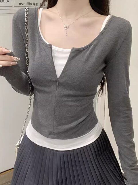 Korean Style Pure and Alluring Half-Zip U-Neck Long-Sleeve T-Shirt for Women, New Autumn Style, Layered with Camisole Tank Top Two-Piece Set
