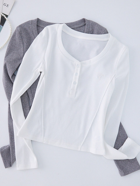 Exquisite Letter Embroidery Round Neck Long-Sleeve T-Shirt for Women, New Spring Design with Fishbone Pattern, Slim Fit Sweetheart Neckline Versatile Top