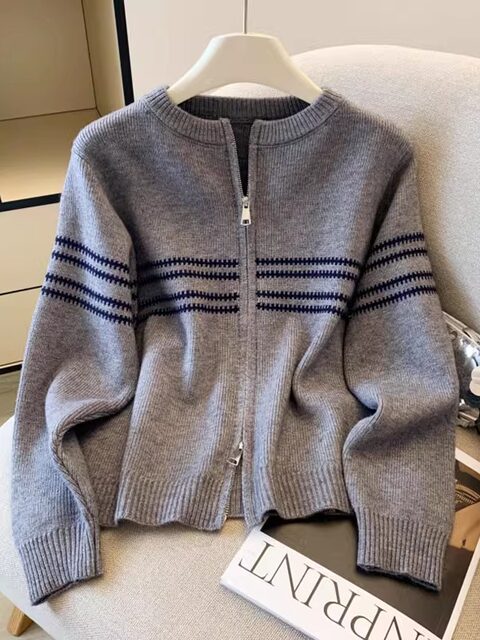 Korean Fashion Double Zipper Striped Long-Sleeved Sweater Jacket for Women Autumn and Winter New Style Simple Casual Versatile Knitted Cardigan