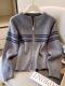 Korean Fashion Double Zipper Striped Long-Sleeved Sweater Jacket for Women Autumn and Winter New Style Simple Casual Versatile Knitted Cardigan