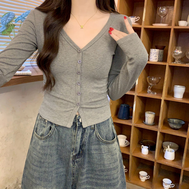 Trendy Pure Desire Style Deep V-Neck Single-Breasted Warm Brushed Long-Sleeve T-Shirt for Women, Winter Hot Girl Ruched Waist-Cinching Base Shirt for Women