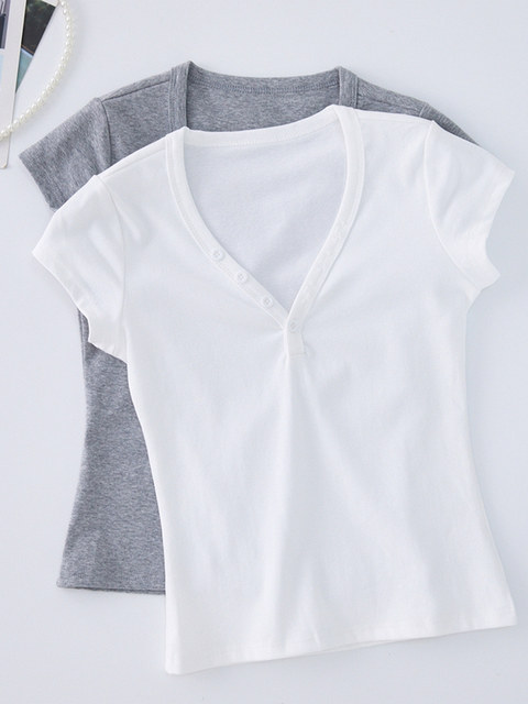 Elegant V-Neck Sexy Pure Desire Short-Sleeve T-Shirt for Women, 2026 Summer New Korean Style Slim-Fit Short Half-Sleeve Top