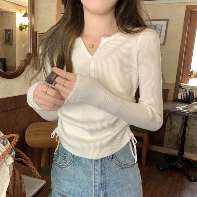 Irregular Ruched Long-Sleeve Knit Top for Petite Women, New Autumn Korean Style Slim-Fit Base Sweater for Women