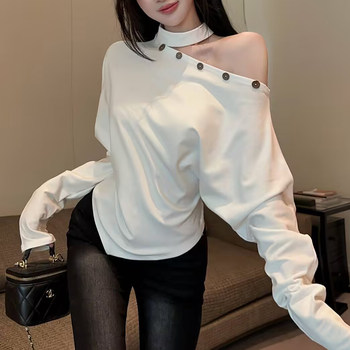 Designed with Unique Buttons, Halter Neck, Cut-Out, Asymmetrical Shoulder, Long-Sleeved T-Shirt for Women, New Winter Fashion, Irregular Hem Top ins