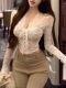 Sexy Deep V-Neck Pure Desire Hollow Lace Top for Women, New Winter Style ins Hot Girl High-Waisted Short Flared Sleeve Top