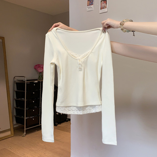 Lace Patchwork Fake Two-Piece Color-Blocked Cashmere Long-Sleeve T-Shirt for Women, New Spring Style, Sweet Round Neck, Slim Fit Top