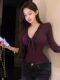 Deep V-Neck Lace-Trimmed Purple Long-Sleeve T-Shirt for Women, New Winter Style, Sexy Pure Desire Style, Slim Fit, Flattering Base Shirt