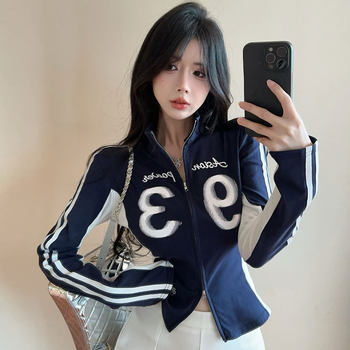 Designed with a Sense of Style, Double Zipper Stand Collar Long-Sleeve Cardigan for Women, New Autumn Fashion with Trendy Color-Blocking Letter Print Jacket