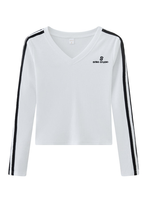 Korean Style Spicy Girl V-Neck Letter Embroidery Color-Blocking Striped Long-Sleeve T-Shirt for Women, New Spring Casual Slim-Fit Base Shirt
