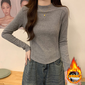 Trendy Half-High Collar Brushed Fleece Women's Long-Sleeve T-Shirt, New Winter Korean Style Slim-Fit Patchwork Mid-Neck Base Shirt for Women