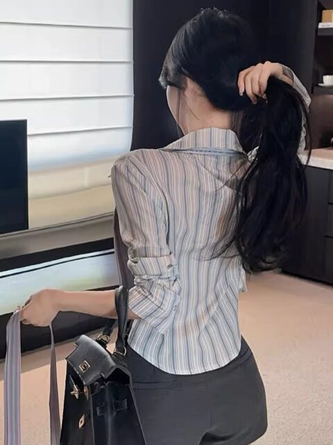 High-End Striped Long-Sleeved Shirt with Tie for Women, New Autumn Fashion, Stylish, Cinched Waist, Irregular Hem Top