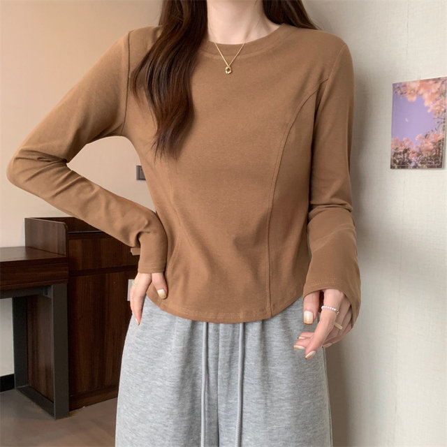 Chic Fishbone Patchwork Brushed White Base Shirt for Petite Women, New Autumn and Winter Korean Style Slim-Fit Long-Sleeve T-Shirt for Women