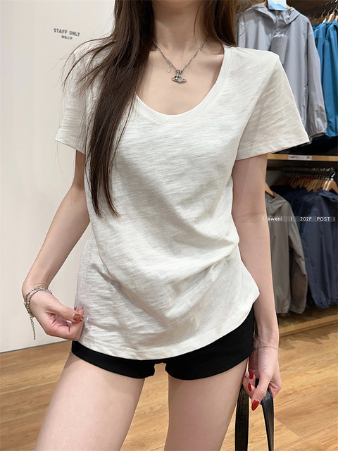 Basic White U-Neck Bamboo Cotton Short-Sleeve T-Shirt for Women, Regular Shoulder, New Summer Style, Loose V-Neck Half-Sleeve T-Shirt for Women