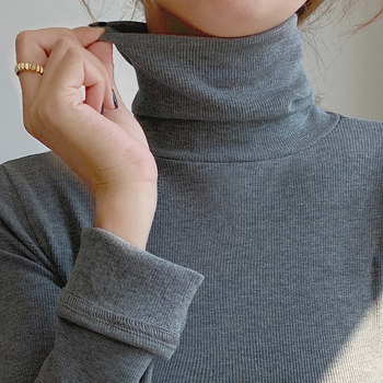 Basic High-Neck Brushed Thin Velvet Spring and Autumn Base Layer Shirt for Women, New Korean Style Slim Fit Warm Long-Sleeve T-Shirt for Women in Winter