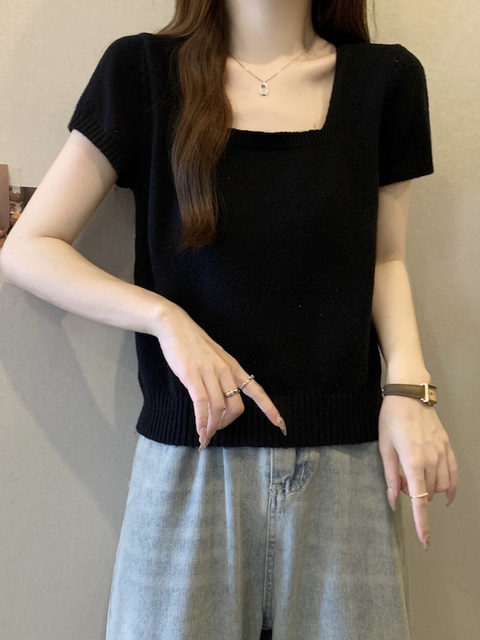Casual and Versatile Square-Neck Short-Sleeved Knitwear for Women 2026 New Summer Korean Style Gray Casual Loose Short Top