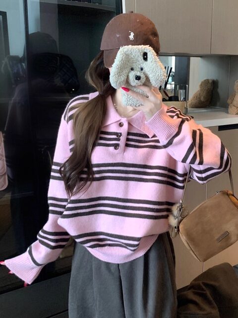 Pink Striped Polo Collar Long-Sleeved Knitwear for Women, New Winter Style, Lazy Bf Style, Casual Loose Pullover Sweater