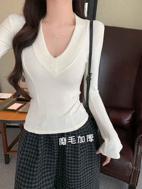 Spicy Girl Style Patchwork Fishbone V-Neck Thickened Fleece-Lined Base Shirt for Women, New Spring Korean Version Slim-Fit Waist-Cinching Long-Sleeve T-Shirt for Women