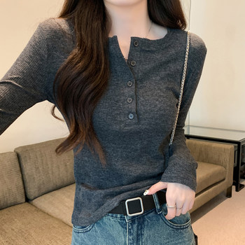Chic Half-Open Collar Buttoned Ribbed Long-Sleeve T-Shirt for Women, New Autumn and Winter Korean Style Slim-Fit Base Shirt for Women