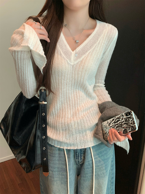 Korean Style Lazy Style Flared Long-Sleeved Ribbed Knit Sweater for Women, New Autumn Slim-Fit V-Neck Thin Sweater