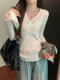 Korean Style Lazy Style Flared Long-Sleeved Ribbed Knit Sweater for Women, New Autumn Slim-Fit V-Neck Thin Sweater