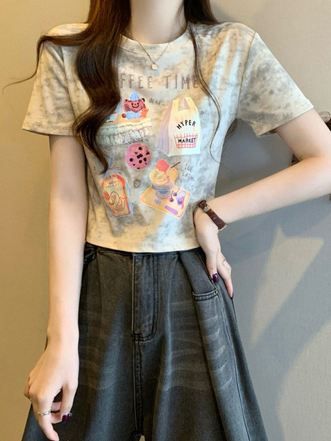 Korean-Style Cartoon Print Tie-Dye Round-Neck Short-Sleeve T-Shirt for Women, Summer New Slim-Fit Short Top for Petite Figures