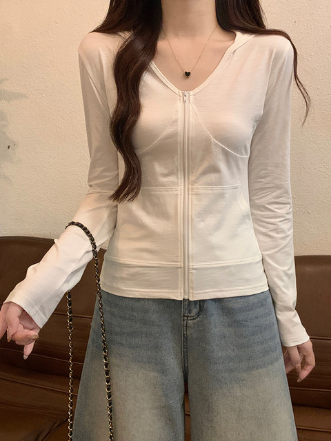 Thin Slim-Fit V-Neck Hooded Zip-Up Sports Jacket for Women, New Spring Korean Style Bamboo Cotton Long-Sleeve Sun-Protective Cardigan