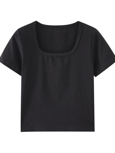 Basic Solid Color Square Neck Collarbone-Exposing Short-Sleeved Bottoming Shirt for Women, New Summer Korean Style Slim Fit Short Top