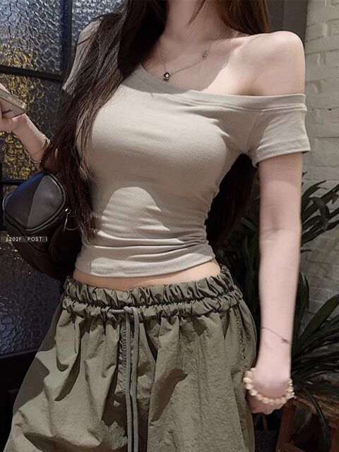 American-Style Sweet and Cool Spicy Girl Off-Shoulder Short-Sleeve T-Shirt for Women, New Summer Slim-Fit Sexy High-Waisted Short Top for Women