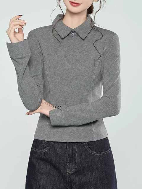 Casual Style Polo Collar Long-Sleeved T-Shirt for Women 2025 Winter New High-End Gray Fishbone Design Slim-Fitting Top
