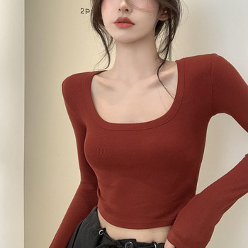 Spicy Girl U-Neck Red Ribbed Cotton Base Shirt for Petite Women, New Spring Korean Style Slim-Fit Long-Sleeve T-Shirt, Short Version