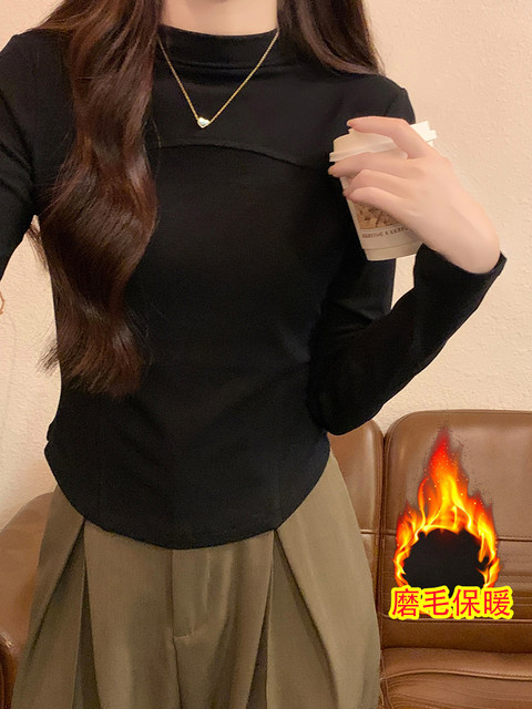 Casual Half-High Collar Long-Sleeved Brushed Inner T-Shirt for Women, Spring New Style, Curved Hem, Fishbone Slim Fit Short Top