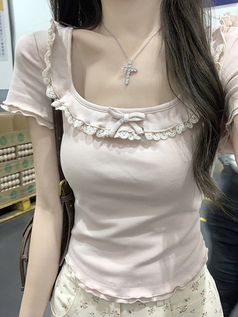 Sweet Girly Style Exquisite Lace Trim Square Neck Short-Sleeve T-Shirt for Women, New Summer Trendy Ruffled Edge Top