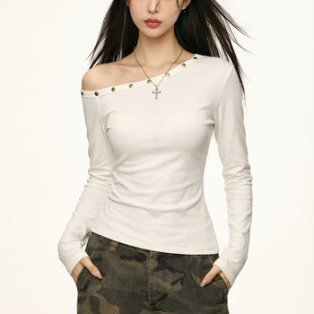 Hong Kong Style Spicy Girl Studded Design Off-Shoulder White Long-Sleeve T-Shirt for Women, New Spring Pleated Waist-Cinching Base Shirt