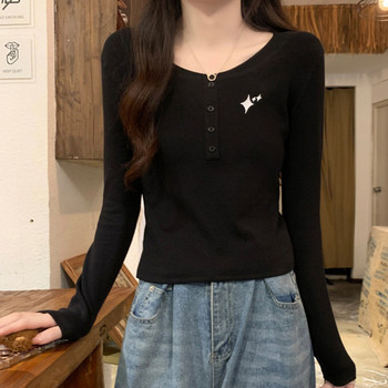 Personalized Star Embroidery Button-Down Round Neck Black Ribbed T-Shirt for Women, New Spring Korean Style Slim-Fit Base Shirt for Commuting