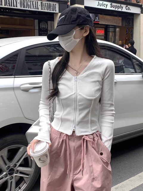 Slim-Fit Raglan Long-Sleeve V-Neck Double-Zip Cardigan for Women, New Autumn Korean Style Spicy Girl Fishbone Waist-Cinching Short Top