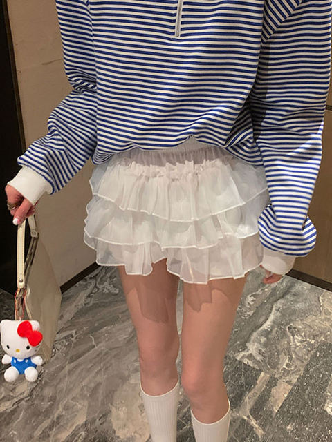 Korean Style Casual Half-Zip Polo Collar Striped Long-Sleeve Sweatshirt for Women, Early Autumn New Sweet Cake Puffy Skirt