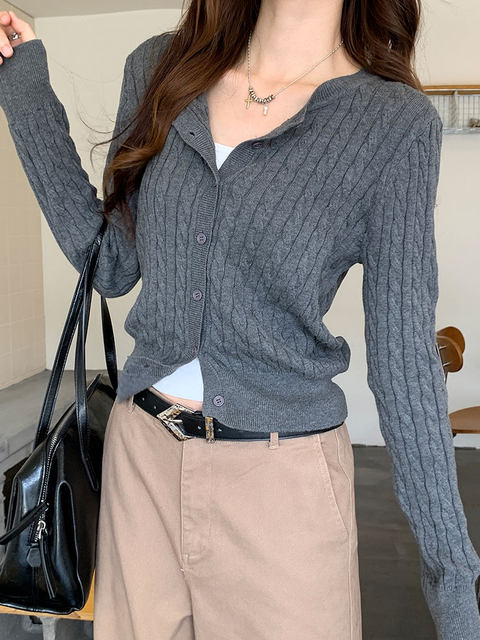 Single-Breasted Cable Knit Long-Sleeve Sweater Cardigan for Women, New Autumn Korean Style, Simple and Versatile Round-Neck Knit Cardigan