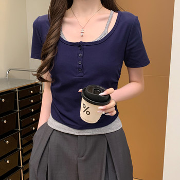 Fashionable Versatile Round-Neck Color-Blocked Faux Two-Piece Women's Summer New Style Pure Desire Hot Girl Style Ruched Design Slim-Fit Top