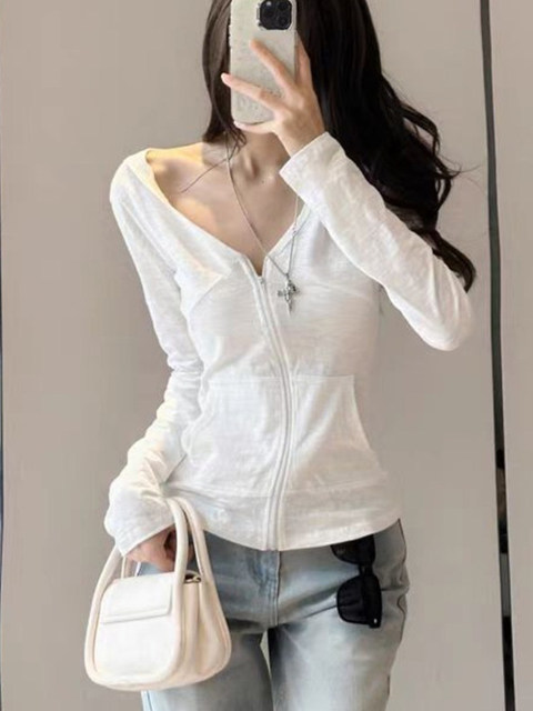 Casual White Casual V Neck Hooded Bamboo Cotton Jacket for Women Spring New Korean Style Zipper Slim Fit Sun Protection Cardigan