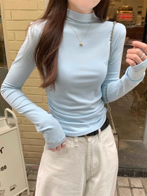 Half-High Collar Slim Fit Pleated Design Long-Sleeve Base Shirt for Women, New Autumn Korean Style Fresh Blue Short Top