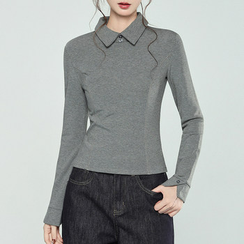 Casual Style Polo Collar Long-Sleeved T-Shirt for Women 2025 Winter New High-End Gray Fishbone Design Slim-Fitting Top