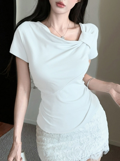 Elegant Twisted Collar White Short-Sleeve T-Shirt for Women, Summer New Design with Pleated Slim Fit and Unique Draped Collar Top