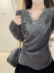 Sweet Heavy Lace Patchwork Cross V-Neck Andy Velvet Knit Sweater for Women, New Autumn and Winter Irregular Waist-Cinching Base Layer