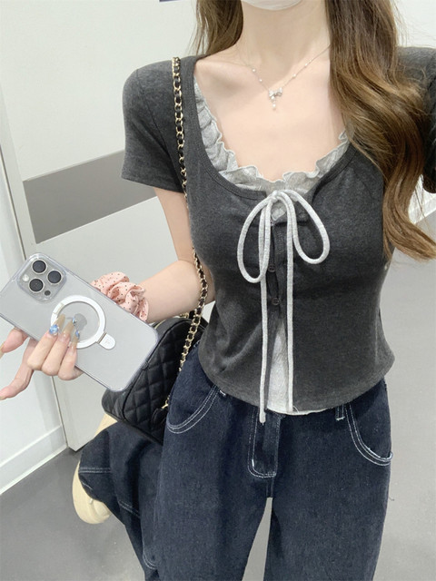 Pure Desire Style Square Neck Tie Contrast Color Fake Two-Piece Short-Sleeve T-Shirt for Women, New Summer Korean Version Slim Fit College Style Top