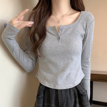 Pure Desire Style Waffle Knit High-Waisted Long-Sleeve T-Shirt for Petite Women, New Spring Korean Version Slim-Fit Base Shirt Short Style ins
