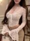Sexy Deep V-Neck Pure Desire Hollow Lace Top for Women, New Winter Style ins Hot Girl High-Waisted Short Flared Sleeve Top