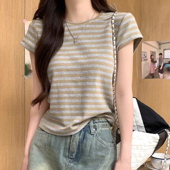 Basic Color-Block Striped Short-Sleeve T-Shirt for Petite Women, Regular Shoulder, New Summer Korean Style Slim-Fit Short Top ins
