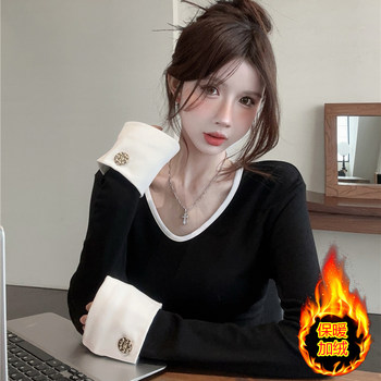 Korean Style Color-Block V-Neck Collarbone-Revealing Shirt Sleeve T-Shirt for Women, Slim Fit, New Spring Style, Sexy and Pure Desire Style Short Top