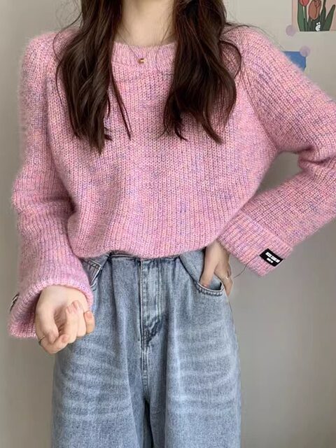Korean Style Soft and Versatile Loose Bell-Sleeve Sweater for Women, New Autumn Round-Neck Casual Thick Colorful Knitwear