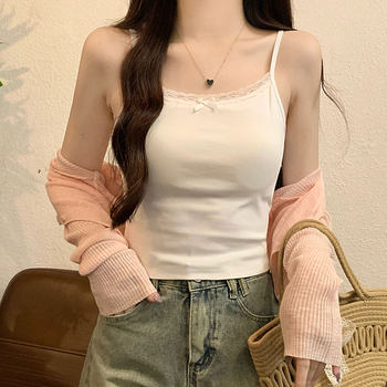 Gentle Style White Lace-Trimmed Layered Tank Top for Women, New Summer Model with Fixed Chest Pads, Slim Fit, Flattering Base Camisole